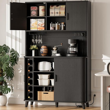 Lulive 71" Tall Pantry Cabinet with Rolling & Sliding Doors, 39" Wide Kitchen Storage Cabinet with Charging Station and Open Countertop, Modern Kitchen Pantry Cabinet for Dining Room, Black