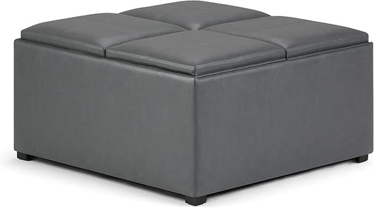 SIMPLIHOME Avalon Wide Contemporary Square Coffee Table Storage Ottoman, Stone Grey, Table Ottoman