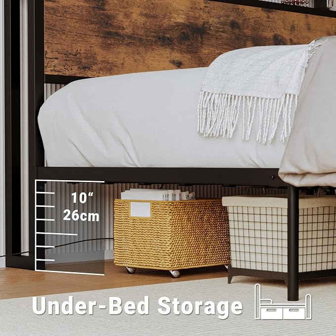 LIKIMIO Queen Bed Frame with Storage Headboard, Queen Size Bed Frame with Charging Station & 2 Drawers, No Box Spring Needed, Easy Assembly