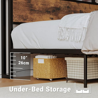LIKIMIO Queen Bed Frame with Storage Headboard, Queen Size Bed Frame with Charging Station & 2 Drawers, No Box Spring Needed, Easy Assembly