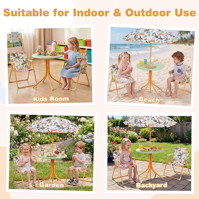 Costzon Kids Picnic Table, Kids Outdoor Table with 2 Folding Chairs, Height Adjustable Umbrella, Portable Children Outdoor Furniture for Patio, Garden, Backyard (Yellow Forest)