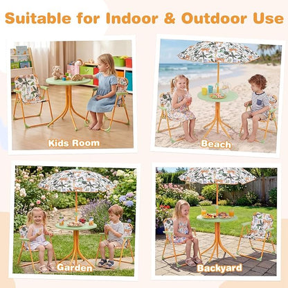 Costzon Kids Picnic Table, Kids Outdoor Table with 2 Folding Chairs, Height Adjustable Umbrella, Portable Children Outdoor Furniture for Patio, Garden, Backyard (Yellow Forest)