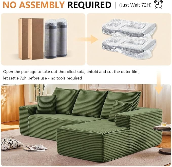 Sectional Couches for Living Room Cloud Couch Sofa with L-Shape Couch in a Box Upholstered Boneless Couchs Modern Modular Sectional Couch with Chaise (Green,B-3 Seater-Right-Facing Chaise-96 inch)