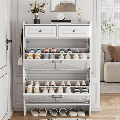 Shoe Cabinet with 2 Flip Drawers & 2 Top Drawers, 43" Tall Freestanding Narrow Wooden Shoe Storage Organizer for Entryway, Hidden Slim Shoe Rack for Front Door Entrance, Hallway, Living Room, White