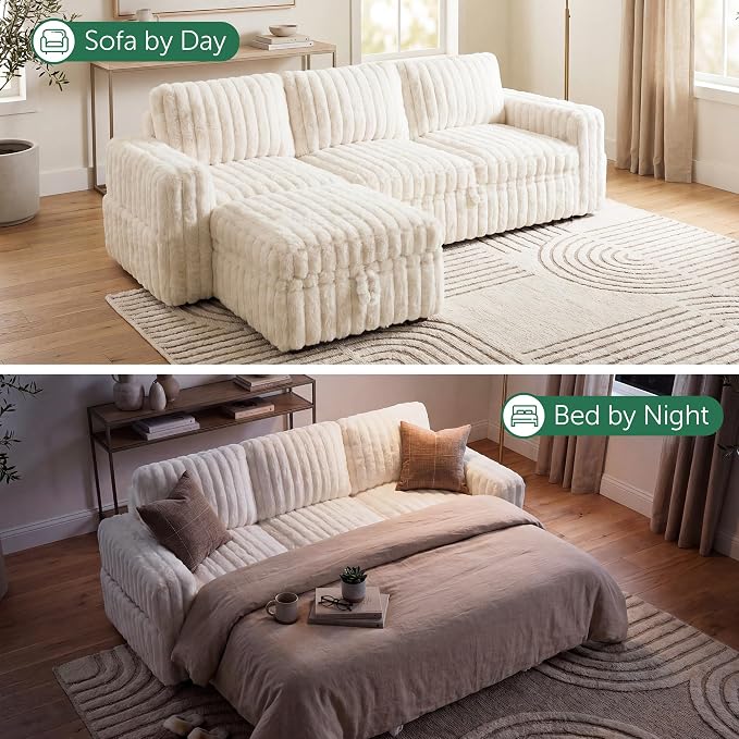 HONBAY Plush Corduroy Modular Sectional Sofa with Pull Out Bed L Shaped Sleeper Sofa with Storage Sectional Couches for Living Room,Plush Beige
