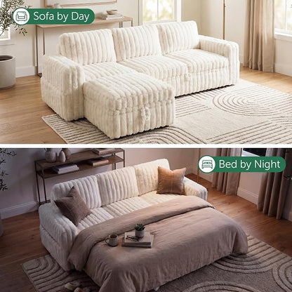 HONBAY Plush Corduroy Modular Sectional Sofa with Pull Out Bed L Shaped Sleeper Sofa with Storage Sectional Couches for Living Room,Plush Beige