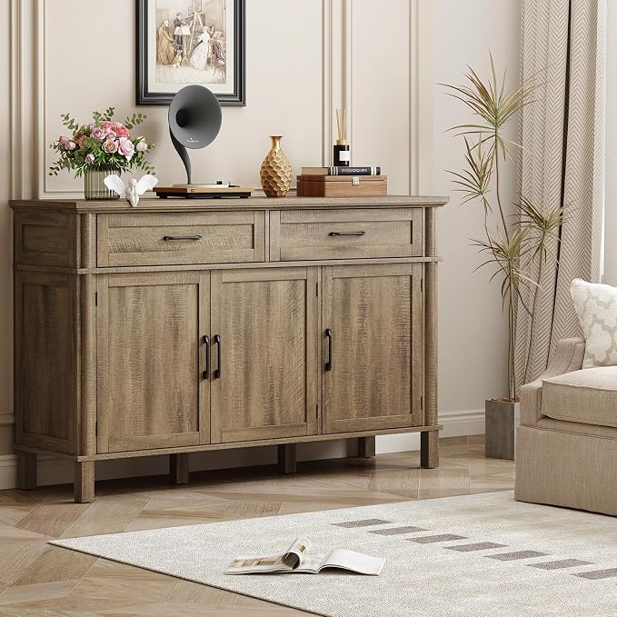 ONBRILL 55 Inch Buffet Cabinet with Storage, Farmhouse Sideboard Buffet w/2 Drawers and 3 Doors, Coffee Bar Cabinet with Adjustable Shelves, Sideboard Storage for Kitchen, Living Room, Washed Grey