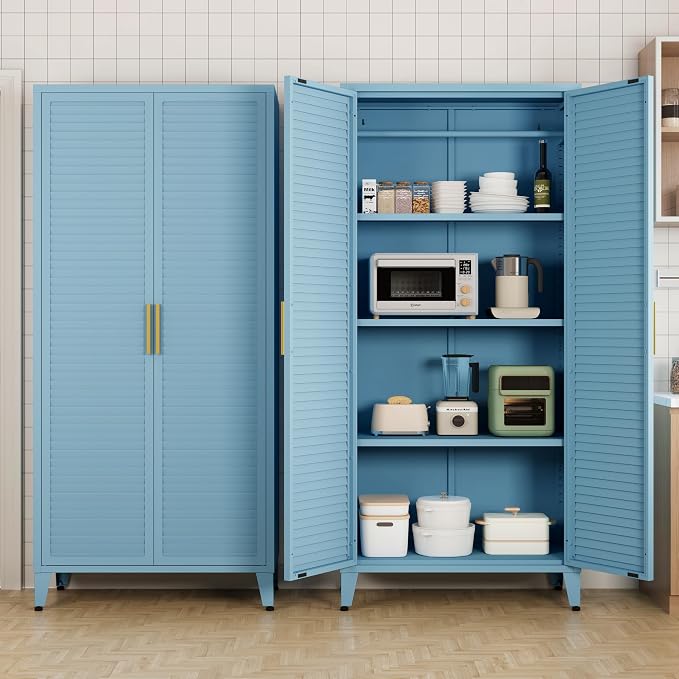 61" Tall Blue Kitchen Pantry Cabinet, Farmhouse Metal Pantry Storage Cabinets, with 2 Louvered Door and 3 Adjustable Shelves, Multipurpose Storage Organizer, for Home, Entryway, Kids Room