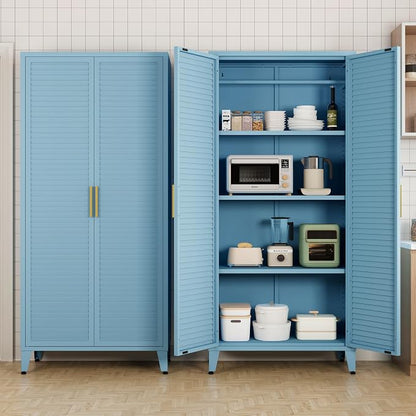 61" Tall Blue Kitchen Pantry Cabinet, Farmhouse Metal Pantry Storage Cabinets, with 2 Louvered Door and 3 Adjustable Shelves, Multipurpose Storage Organizer, for Home, Entryway, Kids Room