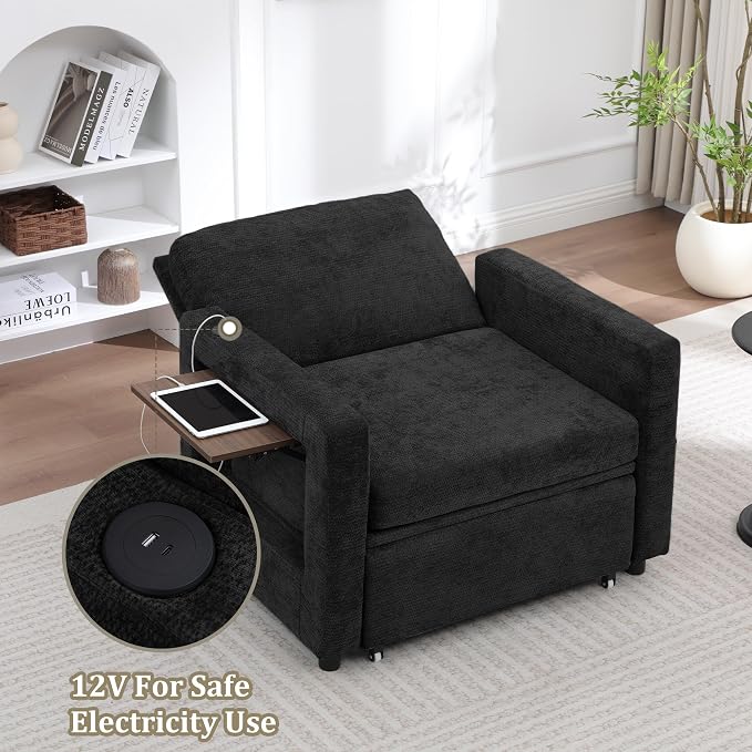 3 in 1 Folding Convertible Sleeper Sofa Bed Pull Out Couch with Side Pockets USB Port Side Table Single Sofa Bed with Adjustable Backrest for Living Room Bedroom 66" Black 1 SEAT
