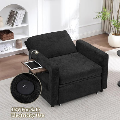 3 in 1 Folding Convertible Sleeper Sofa Bed Pull Out Couch with Side Pockets USB Port Side Table Single Sofa Bed with Adjustable Backrest for Living Room Bedroom 66" Black 1 SEAT