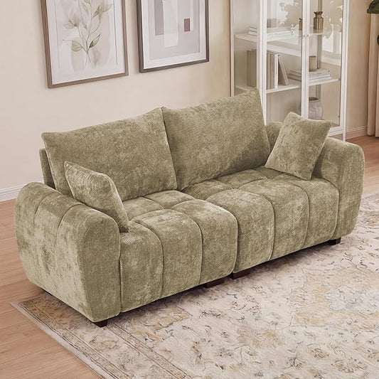 82" Loveseat Cloud Couch, Brown Chenille Modern Upholstered 2-Seater Sofa with Tufted Deep Seat & Wood Legs, Comfy Small Love Seat Couch for Living Room Apartment