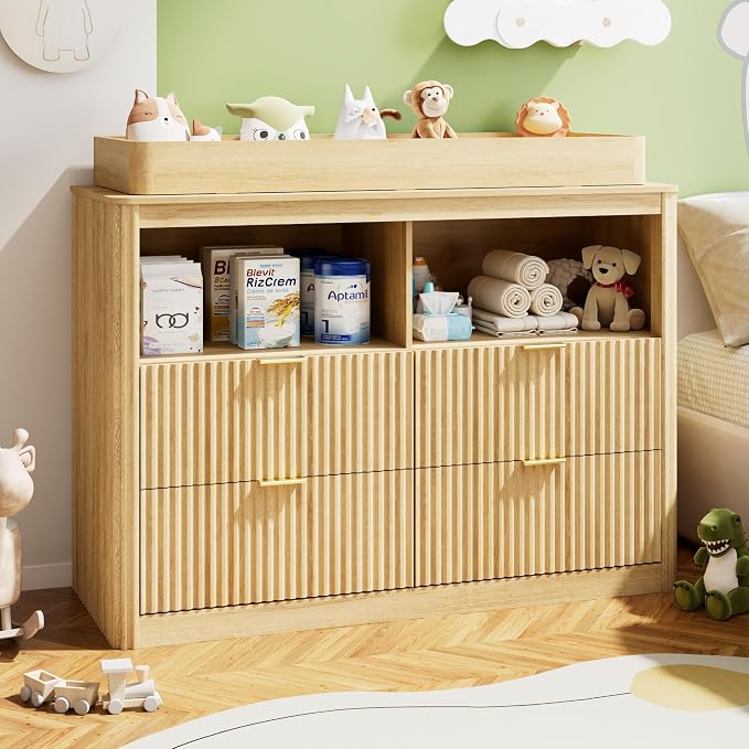 St.Mandyu Changing Dresser, 4 Large Drawers Wood Baby Nursery Dresser with Raised and Detachable Changing Table Top, Fluted Chest with Gold Handles, Large Storage Organizer for Nursery Room,Natural