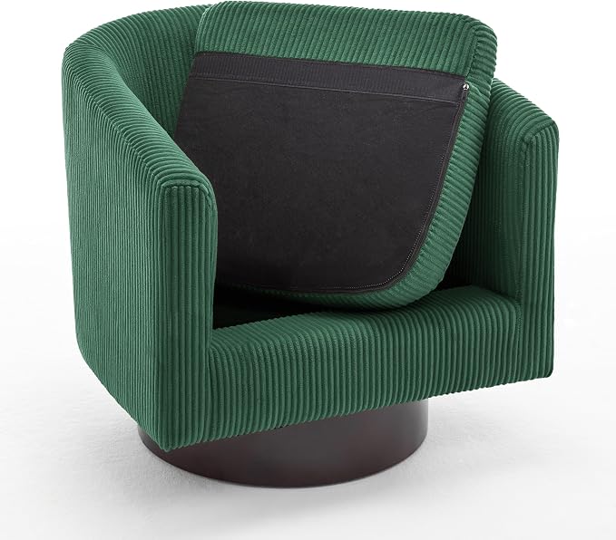 Swivel Accent Chair, Upholstered Corduroy Barrel Chair for Living Room, Small Single Sofa Bedroom Reading Seat, Dark Green