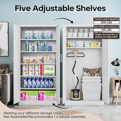 71"H Metal Storage Cabinet with Lock, White Garage Cabinets with 2 Doors and 5 Adjustable Shelves, Steel Locking Caninets Tall Tool Utility Caninet, Lockable File Cabnet for Home Office, Pantry