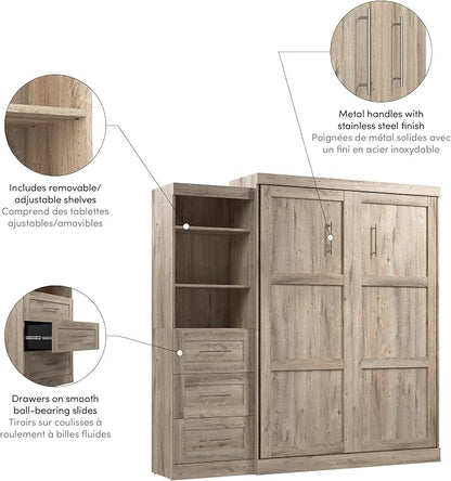 Bestar Pur Queen Murphy Bed with Shelving Unit, 90-inch Space-Saving Sleeping Arrangement for Multipurpose Room in Rustic Brown