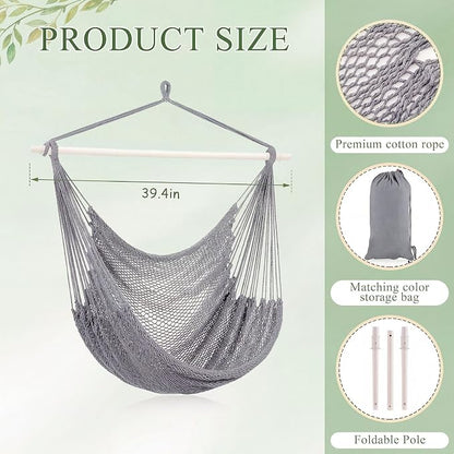 Barydat 2 Pcs Hanging Hammock Chair Boho Swing Chair Outdoor Indoor Comfy Soft Cotton Rope Weaving with 40 Inch Detachable Metal Bars for Backyard Living Room Garden, 270lb Capacity (Light Gray)