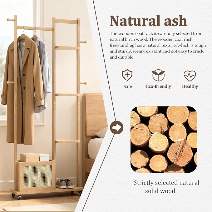 Wood Clothes Rack with Storage, 4 Shelves, 4 Hooks, Garment Rack with wheels, Coat Rack Freestanding, Clothing Rack Heavy Duty Hall Tree for Living Room Hallway,856 Natural