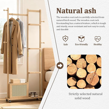 Wood Clothes Rack with Storage, 4 Shelves, 4 Hooks, Garment Rack with wheels, Coat Rack Freestanding, Clothing Rack Heavy Duty Hall Tree for Living Room Hallway,856 Natural