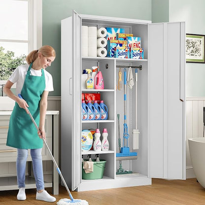 Wide & Deep Metal Storage Cabinet with Hanging Rod,White Broom Closet Storage Cabinet with Lock,72" Tall Wardrobe Cabinets with Doors and Shelves,Locking Steel Tool Cabinets for Home,Office,Garage