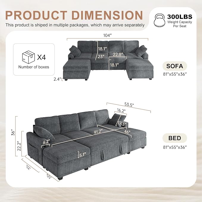 Hanherry 104" Sectional Sofa with Pull Out Couch Bed,Corduroy Sleeper Sofa with Storage Ottoman & USB Charging,Comfy L Shaped Modular Couches for Living Room,Apartment