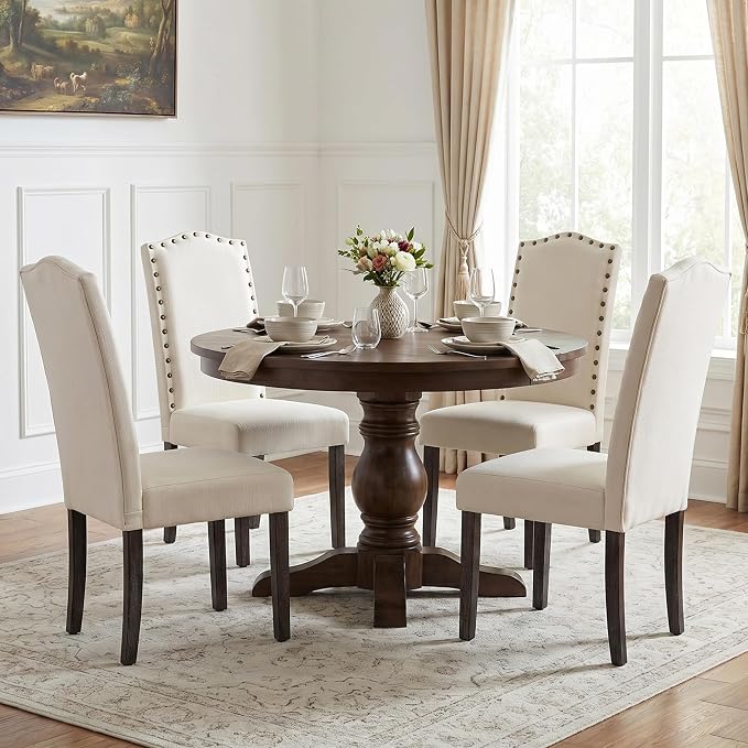 LSSBOUGHT Dining Chairs Set of 2, Upholstered Parsons Dining Room Chairs Fabric Kitchen Chairs with Solid Wood Frame and Nailhead Trim(Beige, 2PCS)
