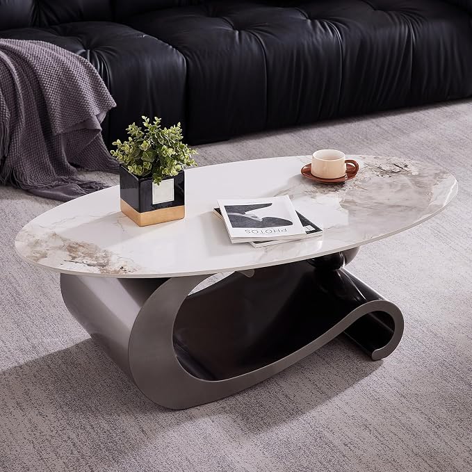 49.2-Inch Modern Oval Faux Marble Coffee Table with Sturdy Metal Base - Luxury Living Room Furniture for Home Decor | Scratch-Resistant & Easy Assembly, (Gray)