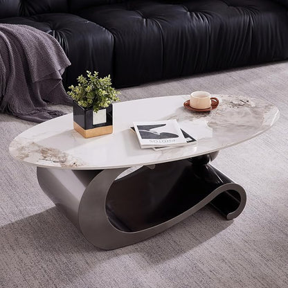 49.2-Inch Modern Oval Faux Marble Coffee Table with Sturdy Metal Base - Luxury Living Room Furniture for Home Decor | Scratch-Resistant & Easy Assembly, (Gray)