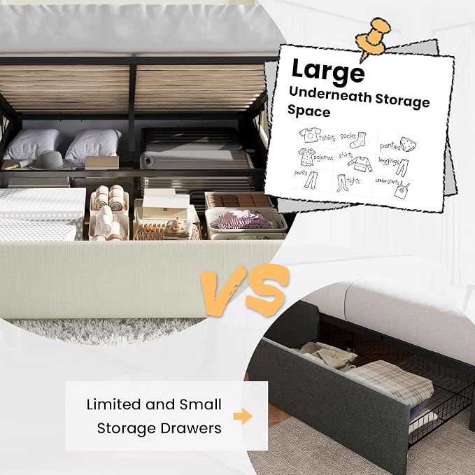 SHA CERLIN Full Size Lift Up Storage Bed/Chenille Fabric Upholstered/Modern Wingback Headboard/Platform Bed Frame/Hydraulic Storage/No Box Spring Needed/Wood Slats Support/Cream