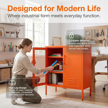 Locking Steel Storage Cabinet Shoe Cabinet for Living Room Bathroom Kitchen Left Wire Mesh Door Right Iron Door Orange Size：33" H x 29.5" W x 13.8" D