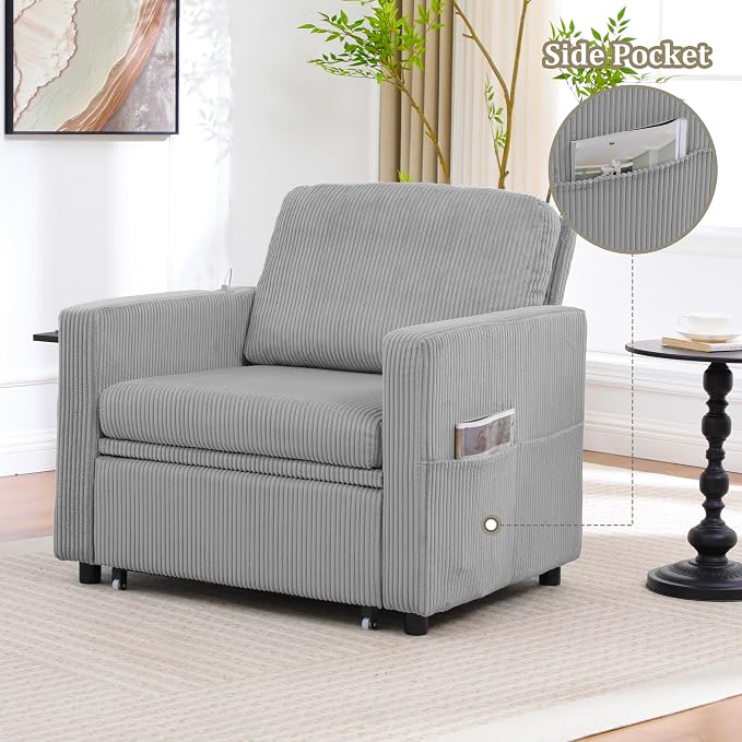 3 in 1 Folding Convertible Sleeper Sofa Bed Pull Out Couch with Side Pockets USB Port Side Table Single Sofa Bed with Adjustable Backrest for Living Room Bedroom 66" LIGHTGREY 1 SEAT