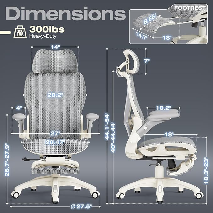 ELABEST X100 Ergonomic Mesh Office Chair with Footrest, Big and Tall Home Desk Chair with 5D Flip-Up Arms, Adjustable 3D Lumbar Support, Gaming & Executive Computer Chair, First Light