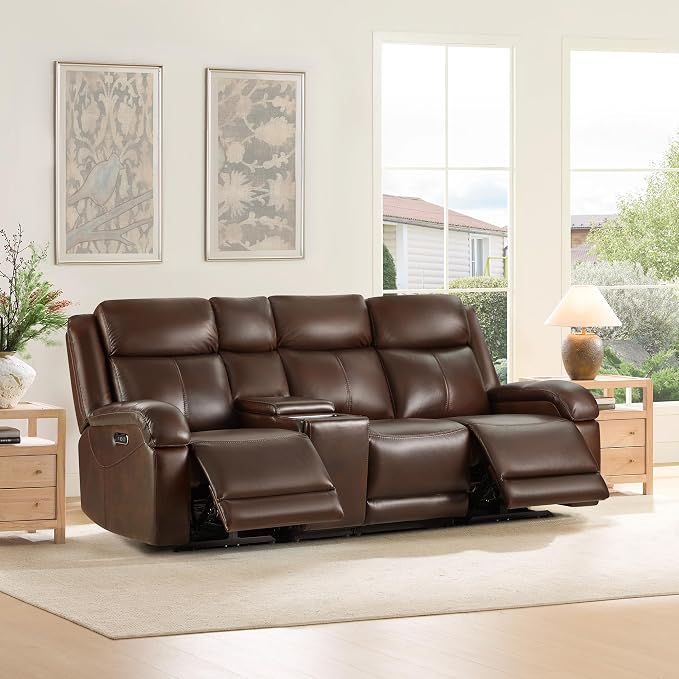 Watson & Whitely Genuine Leather Power Recliner Sofa, 3 Seater Wall Hugger Reclining Sofas with Storage Console, Power Headrest, USB, Electric Recliner Couch Set for Living Room, Dark Brown