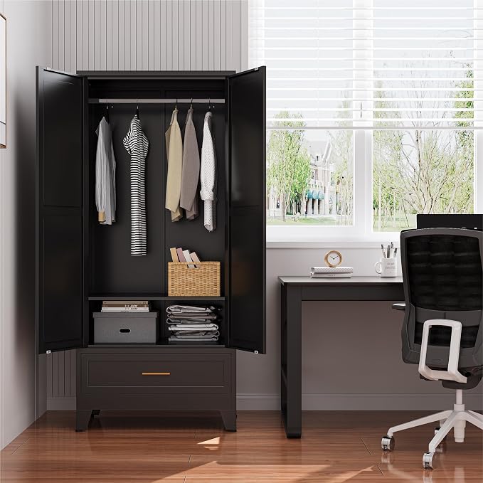 Metal Wardrobe Closet Cabinet with Drawers,71" H Large Bedroom Armoires with Shelves and Hanging Rod,Wardrobe Storage Cabinet with 2 Doors, 1 Adjustable Shelf and Drawers (1Drawer, Black)