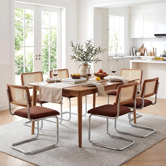 Zesthouse Rattan Dining Chairs Set of 2, Mid Century Modern Dining Room Chairs with Natural Cane Mesh & Chrome Base, Brown Cesca Chair for Kitchen, Breuer Design Inspired, Upholstered Chenille Fabric
