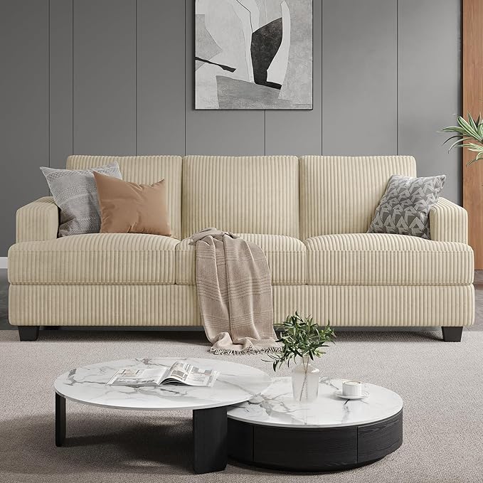 COPIAE 89 Inch Sofa with Extra Deep Seats Oversize, 3 Seater Sofa for Living Room, Modern Couch and Sofa, Comfy Armrests and Seats and Backrests, Easy Installation,Wide Corduroy Fabric Beige