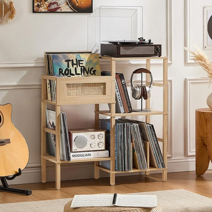 LELELINKY Record Player Stand, Natural Oak Wood Record Holder with Vinyl Storage Holds up to 300+ Albums, 3-Tier Rattan Media Table with Vinyl Display Shelf, Record Storage Cabinet for Living Room