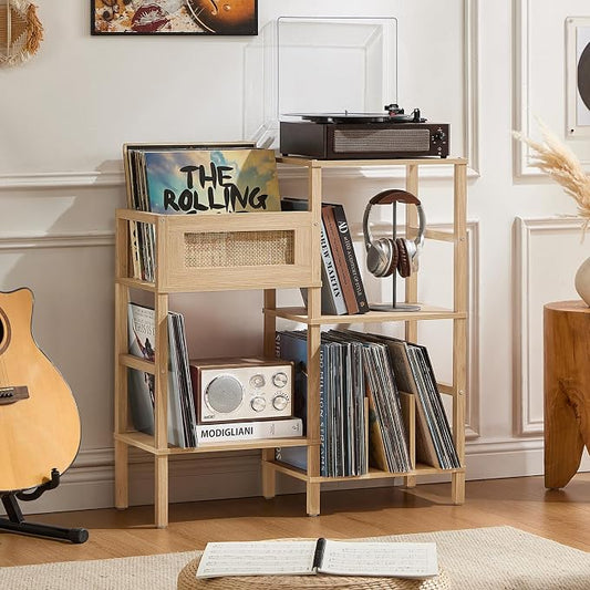 LELELINKY Record Player Stand, Natural Oak Wood Record Holder with Vinyl Storage Holds up to 300+ Albums, 3-Tier Rattan Media Table with Vinyl Display Shelf, Record Storage Cabinet for Living Room