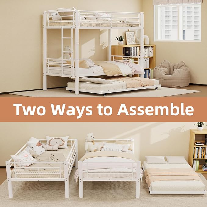 Bunk Bed with Trundle, Metal Twin Bunk Beds with Guardrail and Ladder for Kids/Teenagers/Adults, Space-Saving Bunk Bed Can be Split Into 3 Beds, No Box Spring Needed(White, with Trundle)