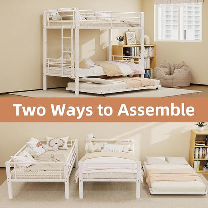 Bunk Bed with Trundle, Metal Twin Bunk Beds with Guardrail and Ladder for Kids/Teenagers/Adults, Space-Saving Bunk Bed Can be Split Into 3 Beds, No Box Spring Needed(White, with Trundle)