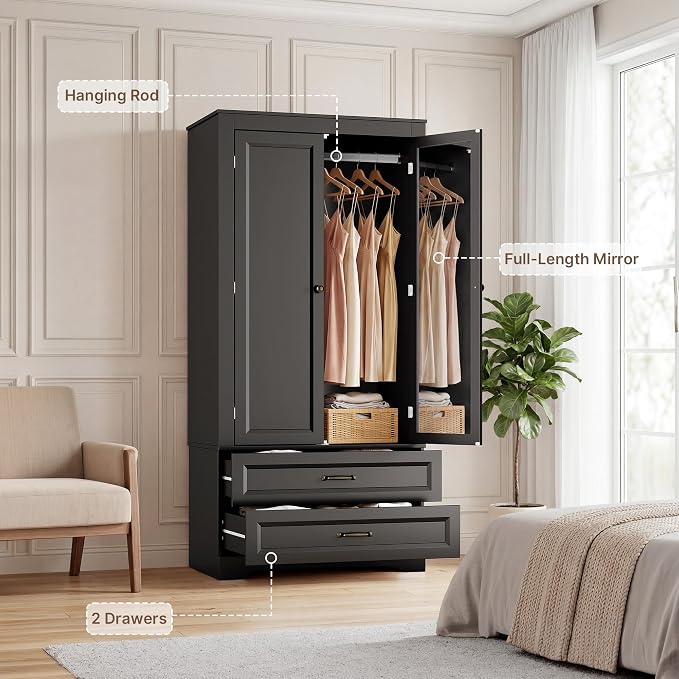 Gizoon Wood Wardrobe Closet with Full Length Mirror, Wooden Armoire with Hanging Rod & 2 Drawers, Bedroom Clothing Storage Cabinet, Anti-tip, Mirror Can Be Installed on Left/Right Door Freely, Black