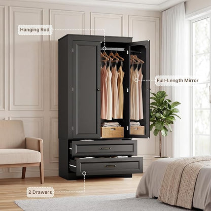 Gizoon Wood Wardrobe Closet with Full Length Mirror, Wooden Armoire with Hanging Rod & 2 Drawers, Bedroom Clothing Storage Cabinet, Anti-tip, Mirror Can Be Installed on Left/Right Door Freely, Black