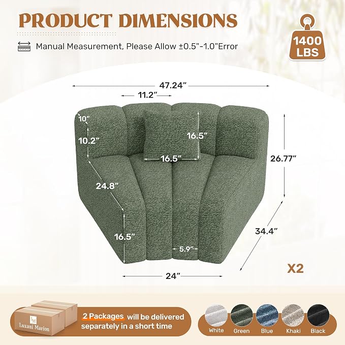 Luxanimarion 2PCS 1/8 Round Modular Sectional Sofa, 2 Seater Modern Curved Cloud Couch Modules, Convertible Boneless Couches for Living Room, No Assembly Required, Green