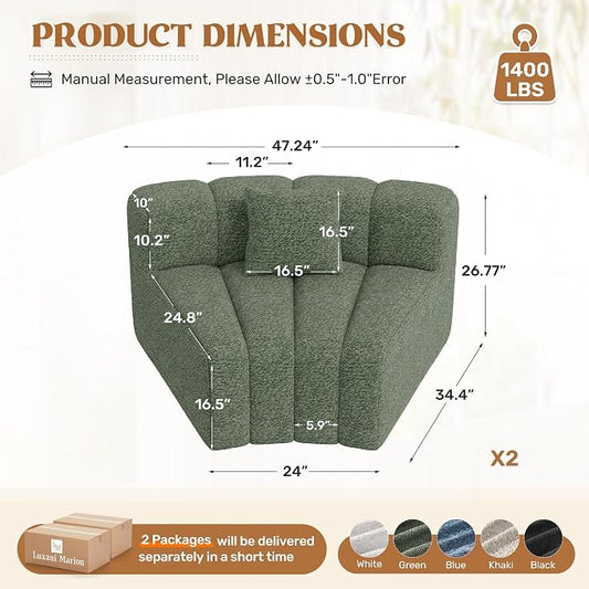 Luxanimarion 2PCS 1/8 Round Modular Sectional Sofa, 2 Seater Modern Curved Cloud Couch Modules, Convertible Boneless Couches for Living Room, No Assembly Required, Green