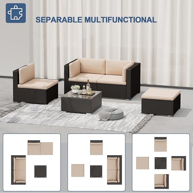 SUNCROWN 5-Piece Outdoor Patio Furniture Set, All-Weather PE Rattan Sectional Sofa with Ottoman, Glass Coffee Table & Cushions, Modular Wicker Conversation Set for Backyard, Garden, Porch, Beige