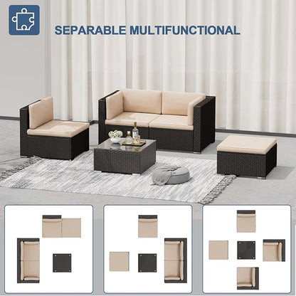 SUNCROWN 5-Piece Outdoor Patio Furniture Set, All-Weather PE Rattan Sectional Sofa with Ottoman, Glass Coffee Table & Cushions, Modular Wicker Conversation Set for Backyard, Garden, Porch, Beige