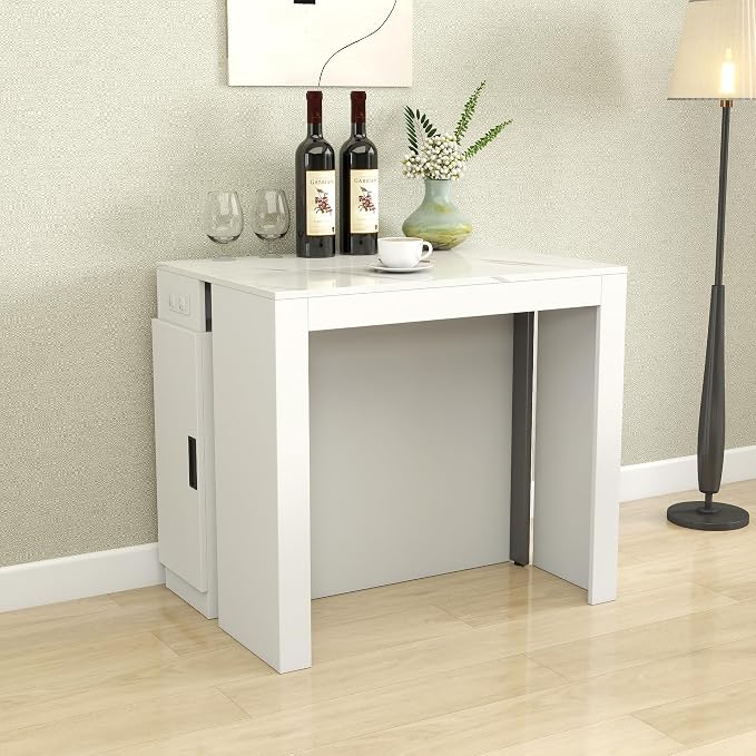 24"-118" Extendable Dining Table with Storage for 2-12 People, Modern Space-Saving Extra Long Wood Folding Table with USB & AC Outlets, Multifunctional Conference Meeting Table, White Marble