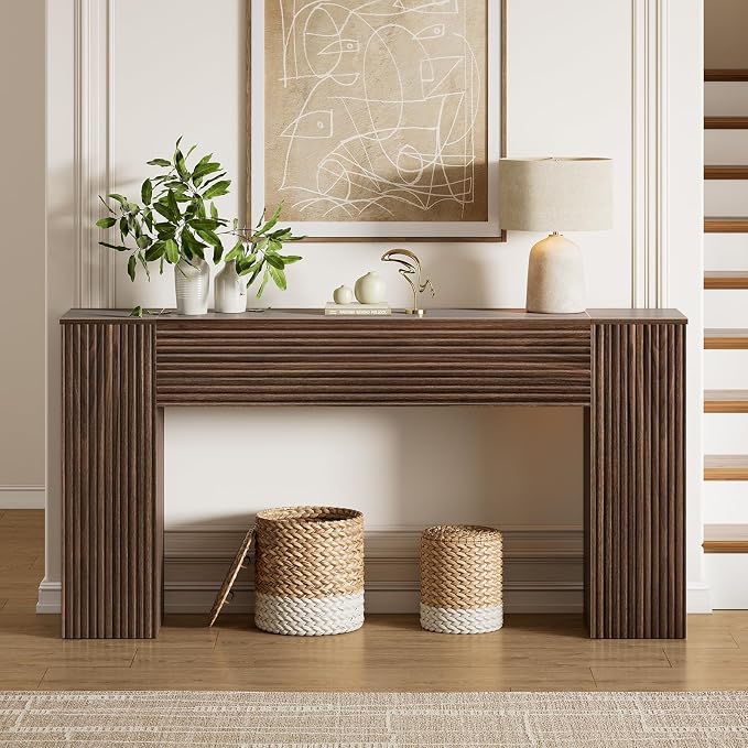 FABATO 61'' Fluted Long Console Table, Wooden Rectangular Sofa Table Behind The Couch, Narrow Entryway Table with 2 Hidden Storage Cabinets for Entrance, Hallway, Living Room, Foyer, Walnut