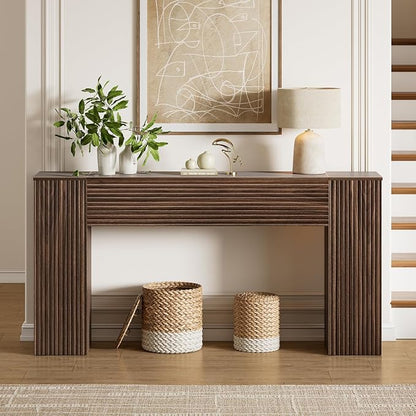 FABATO 61'' Fluted Long Console Table, Wooden Rectangular Sofa Table Behind The Couch, Narrow Entryway Table with 2 Hidden Storage Cabinets for Entrance, Hallway, Living Room, Foyer, Walnut