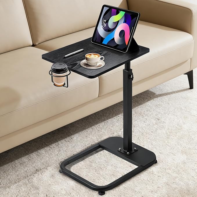 facka Multi-Functional C-Shaped End Table for Couch & Bed, Adjustable Height TV Tray, Stable Laptop Desk, Space-Saving Snack Side Table with Rounded Metal Corners